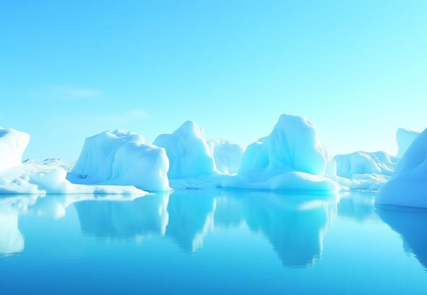 Massive ice formations and icebergs floating in a tranquil fjord in Greenland under a blue sky