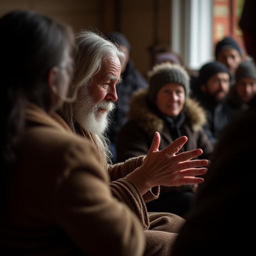 A smiling Inuit elder sharing a traditional story with respectful guests