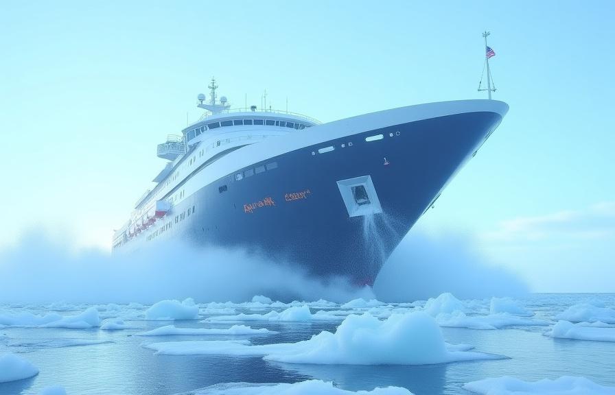 The state-of-the-art Aurora Explorer expedition ship breaking through ice in the Arctic