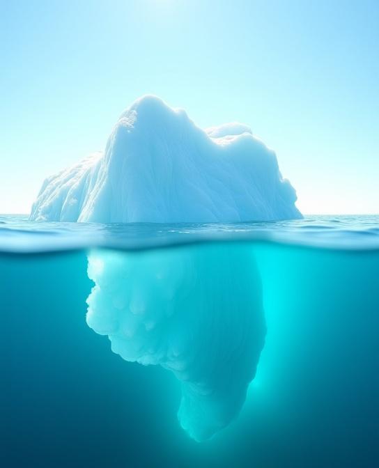 Crystal clear Arctic water gently lapping against untouched ice formations under a bright blue sky